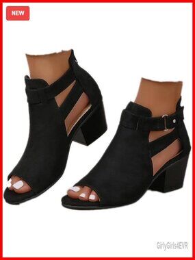 Peep Toe Ankle Booties Chunky Heels Cutout Back Zipper Sandals Suede Side Ankle